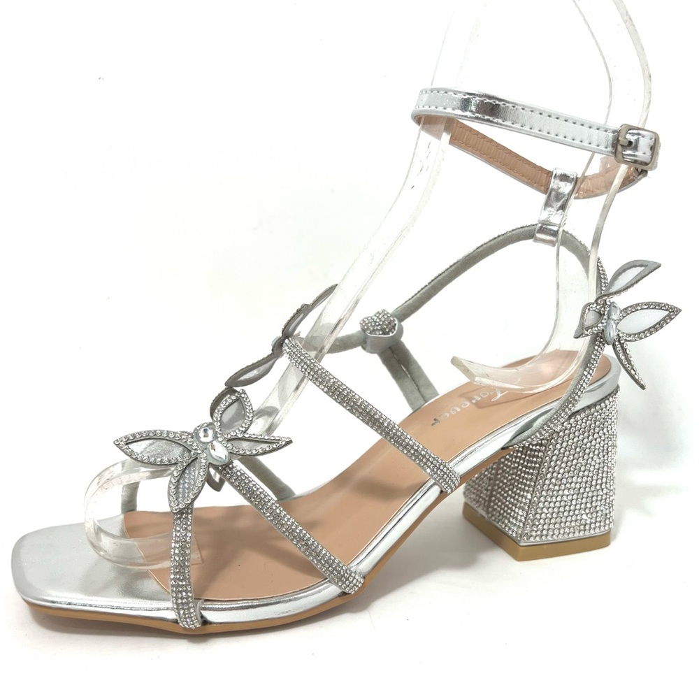 Lady heel sandals rhinestones silver color open toe